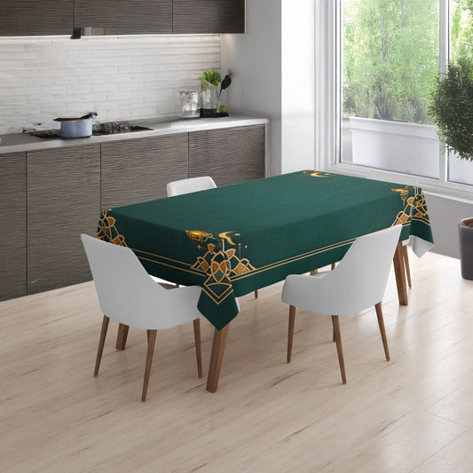 Hilal Desenli Zümrüt Konseptli Masa Örtüsü 150x220 cm – Silinebilir & Leke Tutmaz – Yakma Kenar