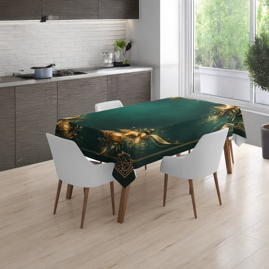 Gold Detaylı Zümrüt Konseptli Masa Örtüsü 150x220 cm – Silinebilir & Leke Tutmaz – Yakma Kenar