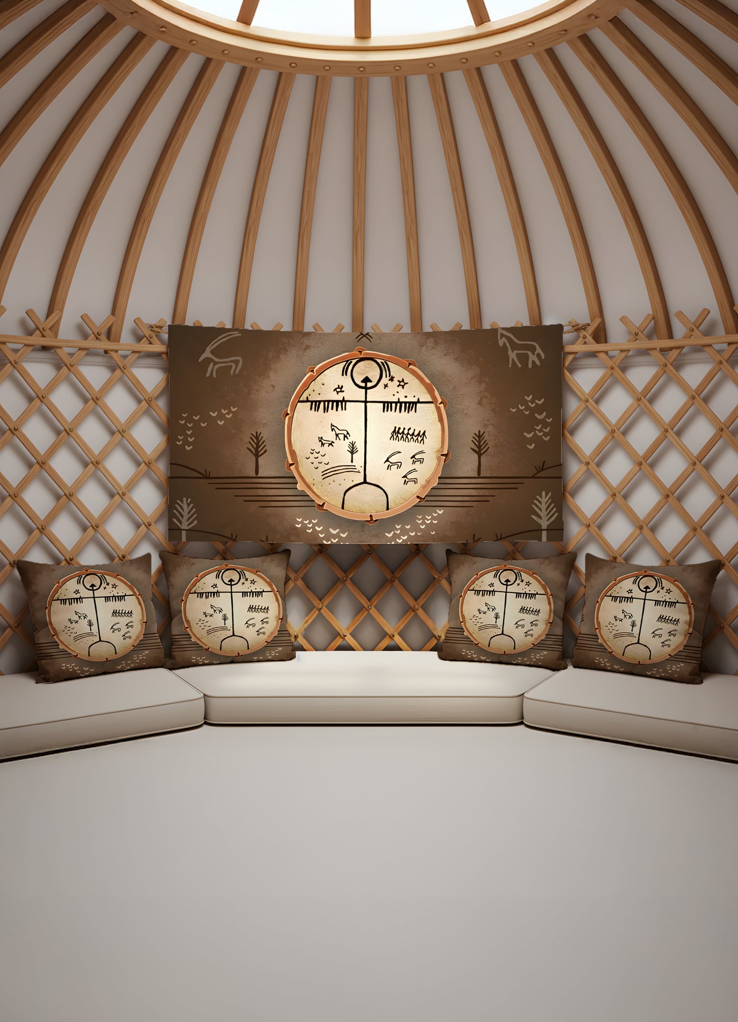 Şaman Davulu –  4 Kırlent Kılıfı + 1 Duvar Örtüsü