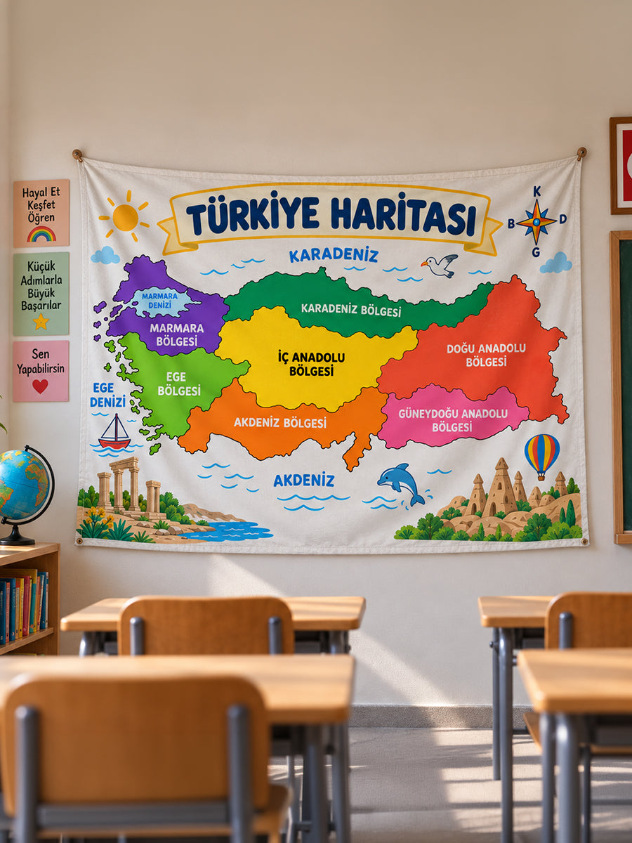 Türkiye Bölgeler Haritası Eğitici Sınıf Duvar Örtüsü – 7 Coğrafi Bölge 70x110cm