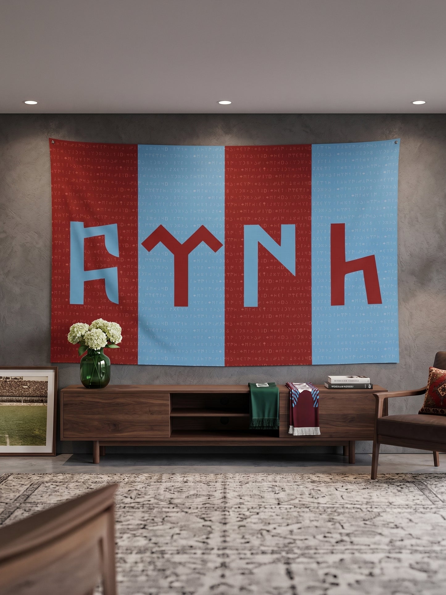 Bordo Mavi Temalı Göktürkçe Türk Duvar Örtüsü | Orhun Yazıtlı