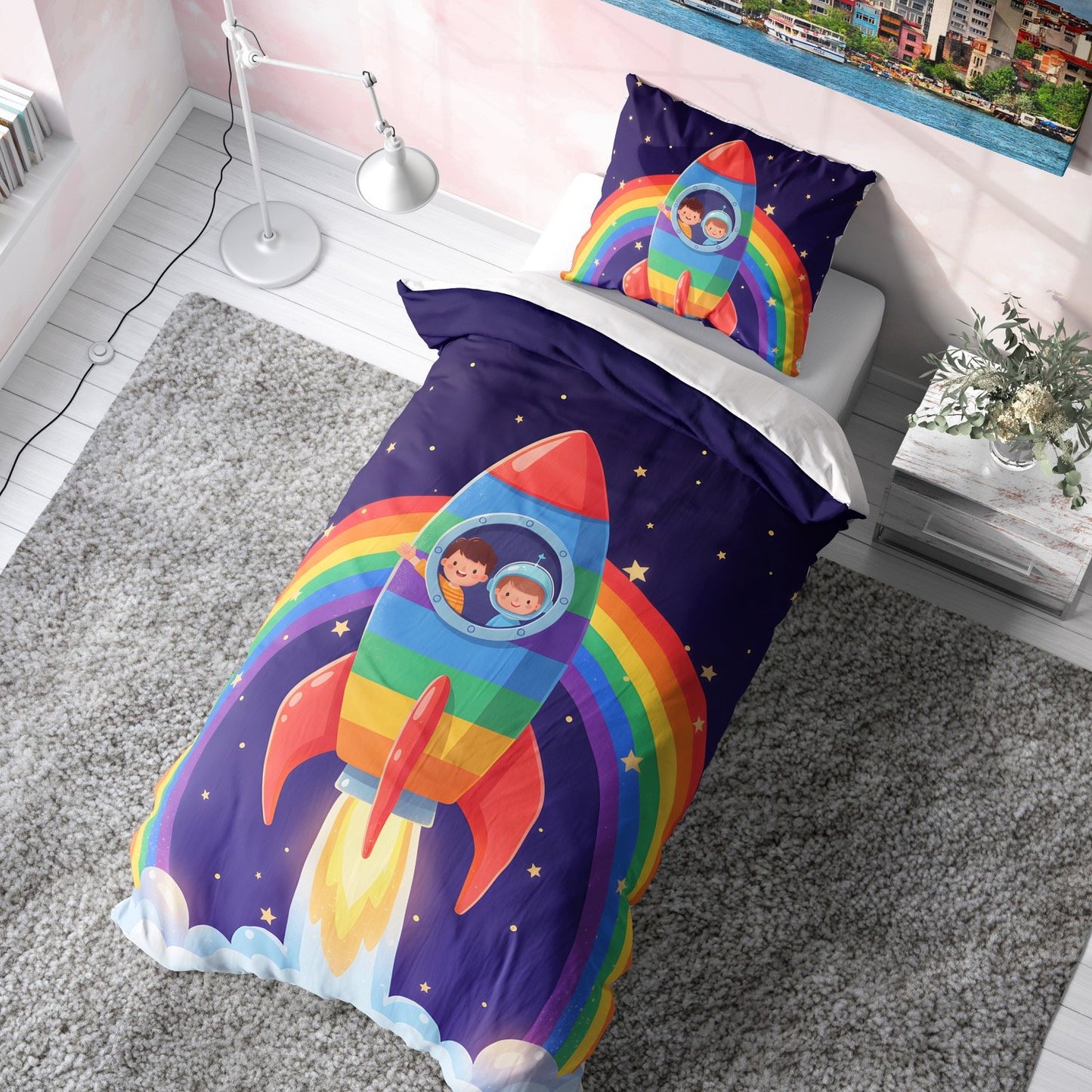 Gökkuşağı Roketli Uzay Keşfi Çocuk Nevresim Takımı (Çarşafsız)