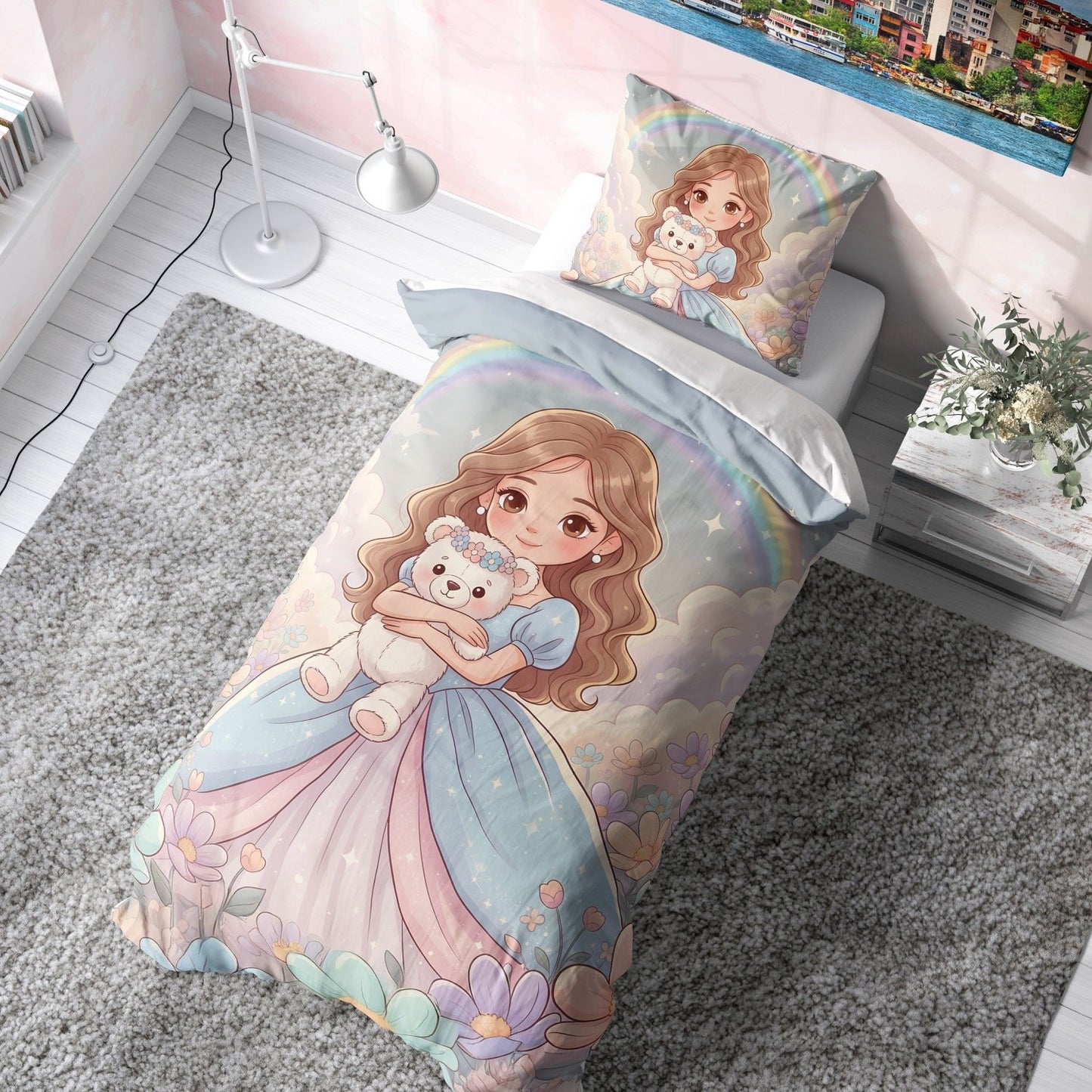 Peluş Ayıcıklı Prenses Çocuk Nevresim Takımı (Çarşafsız)