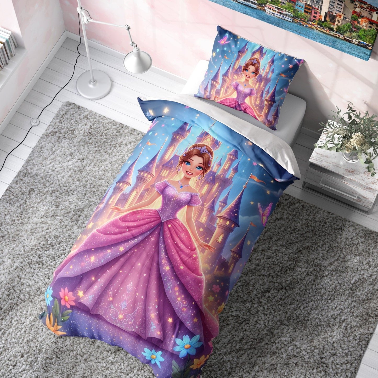 Mor Prenses ve Şato Tasarımlı Çocuk Nevresim Takımı (Çarşafsız)