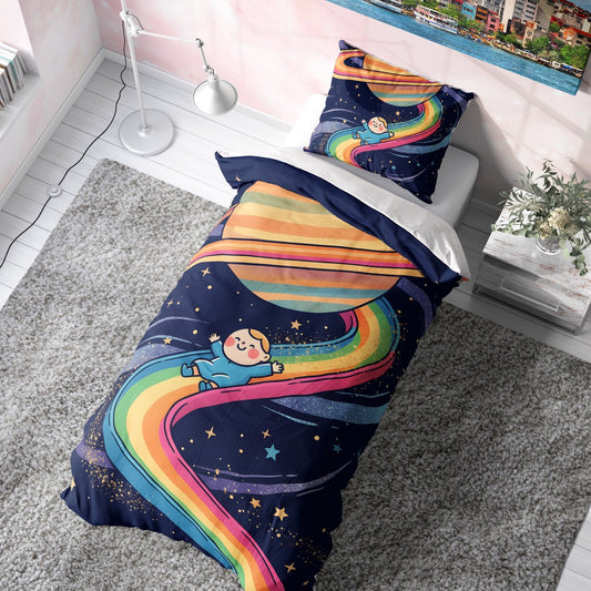Renkli Gökkuşağı ve Gezegen Temalı Uzay Nevresim Takımı (Çarşafsız)