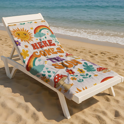 Here Comes The Sun Desenli Renkli Plaj Havlusu – Retro Güneş & Gökkuşağı Tasarım
