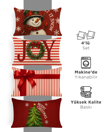 Yılbaşı Kırmızı Konseptli Christmas Yatay Kırlent Kılıfı 4'lü Set 50x30cm