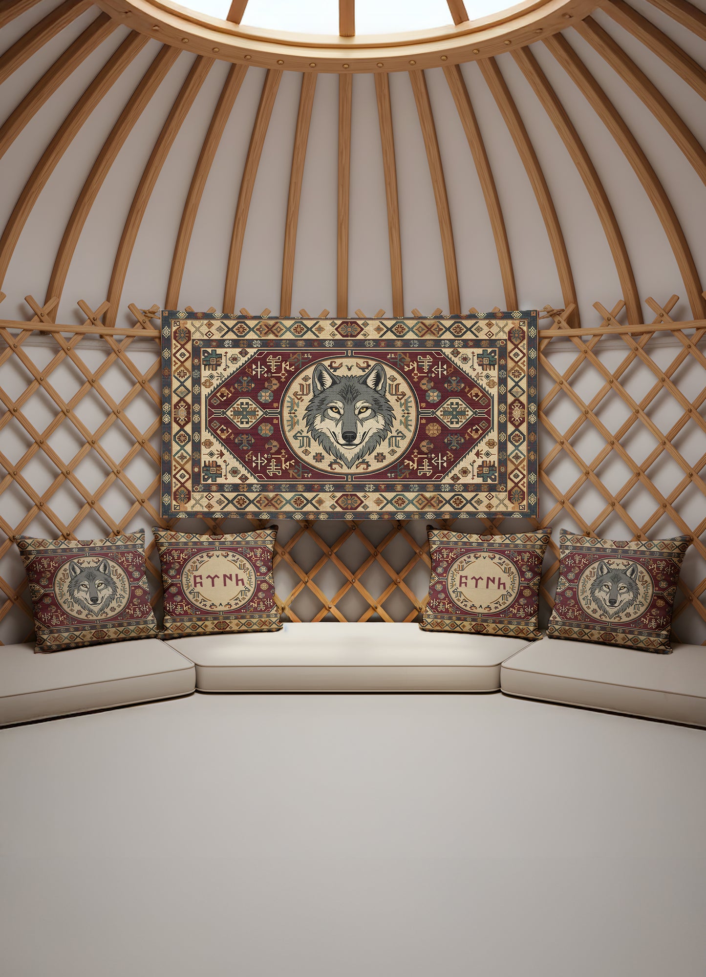 Bozkurt Mührü – 4 Kırlent Kılıfı + 1 Duvar Örtüsü