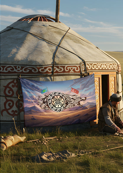 Göktürk Savaşçı ve Bozkurt Temalı Türk Tarihi Duvar Örtüsü