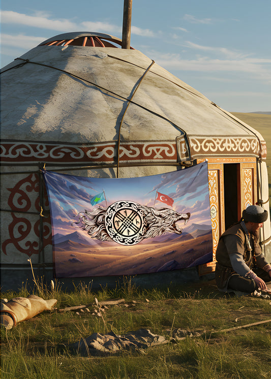 Göktürk Savaşçı ve Bozkurt Temalı Türk Tarihi Duvar Örtüsü