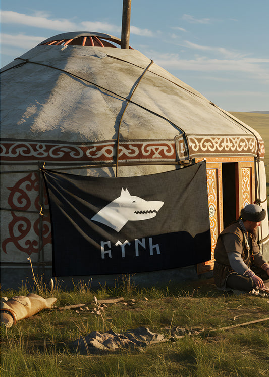 Göktürkçe Türk Yazılı Kara Sancak Bozkurt Sembollü Türk Kültürü Duvar Örtüsü