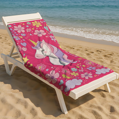 Pembe Unicorn Desenli Çocuk Plaj Havlusu – Masalsı Renkli Yaz Teması