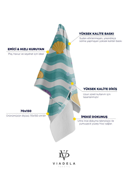 Deniz Altı Canlıları Desenli Plaj Havlusu – Renkli Mercan & Yıldız Tasarımı