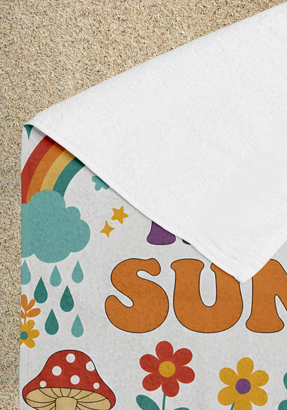 Here Comes The Sun Desenli Renkli Plaj Havlusu – Retro Güneş & Gökkuşağı Tasarım